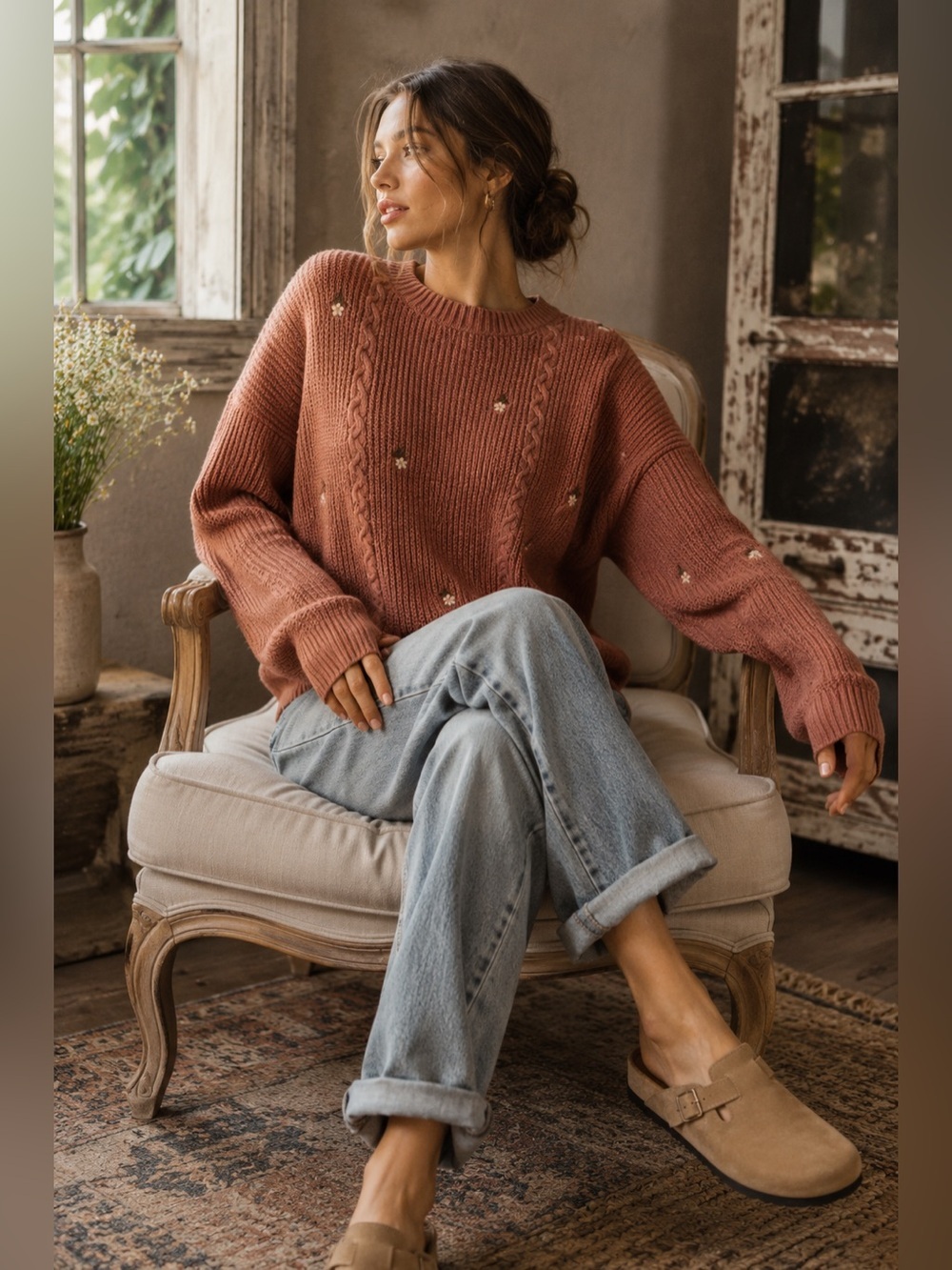 Hem & Thread Rust Cable Knit Sweater with Floral Accents